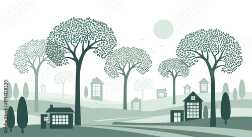 Peaceful suburban landscape in shades of green features stylized trees, small houses, and a soft glowing sun in the sky.