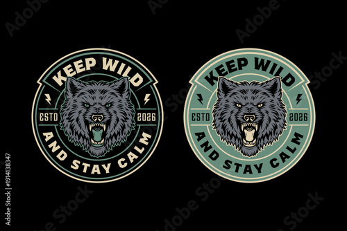 Vintage Retro Wolf Head Mascot Badge Keep Wild and Stay Calm Animal Design