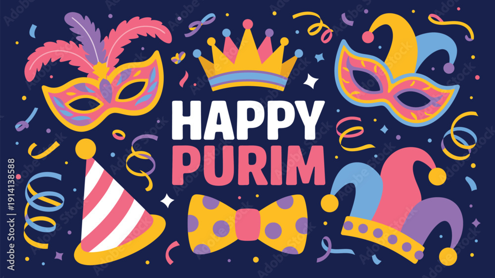Naklejka premium happy purim festive banner with carnival masks party hat confetti and bow tie colorful celebration design