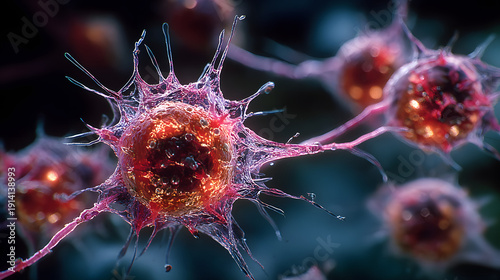 3D render of neural cells and synapse network in dark space, concept for neuroscience, cancer research, and medical technology.