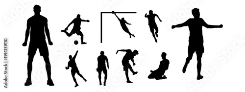 Collection of soccer player silhouettes in action poses. Ideal for sport branding, team graphics, tournament posters, coaching materials, and collaboration themed designs.