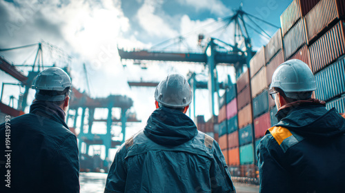 Three workers in safety helmets oversee container cranes and stacked cargo containers at a busy shipping port under a cloudy sky.