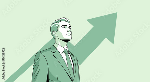 Man in Suit Looking Up with Upward Arrow Shadow - Business Growth Concept