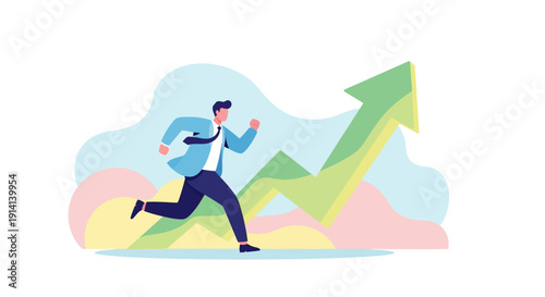 Businessman running up a green financial growth arrow graph, success concept