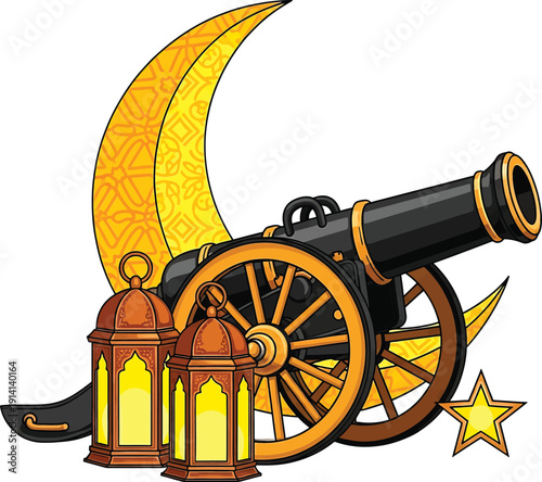 Vintage cannon with moon and star decorative elements under a crescent moon