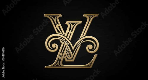 Elegant LV Monogram Logo, Golden Ornate Design on Black Textured Background