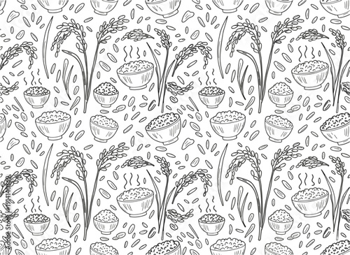 Seamless rice field pattern with hand drawn rice plants grains and leaves agriculture outline vector background