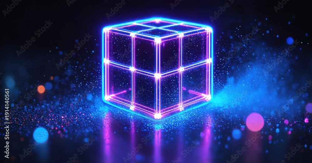 Obraz premium Neon cube glows brightly against dark background. Particles radiate outward creating dynamic visual effect. Futuristic design emphasizes light, geometry.