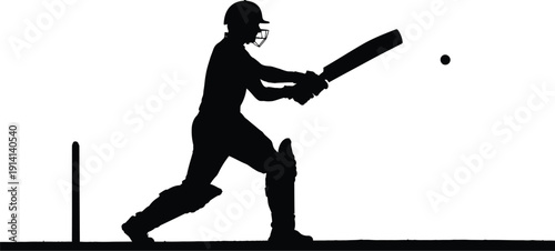 Cricket batsman silhouette swings powerfully at a small ball near the stumps in a high-contrast action shot.