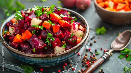 Vibrant salad featuring diced cooked beets, carrots, and potatoes mixed with fresh herbs in a rustic ceramic bowl.