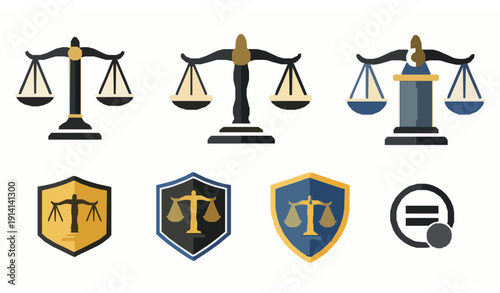 Law Scale Icon Set Flat Justice Balance Symbol Vector Collection Isolated on White Background