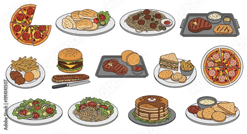 A variety of food dishes including pizza, burgers, and salads on plates from a top-down viewpoint