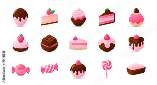 Assorted sweet treats and desserts arranged neatly on a white background from a top-down viewpoint