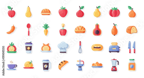 Assorted kitchen icons and food illustrations on a clean white background, showcasing various culinary elements from a top-down viewpoint