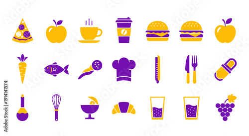 Collection of food and drink icons in purple and yellow on a clean background from a direct viewpoint