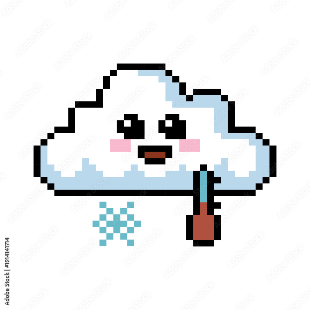 Fototapeta premium Cute Smiling Cloud With Snowflakes Winter Pixel