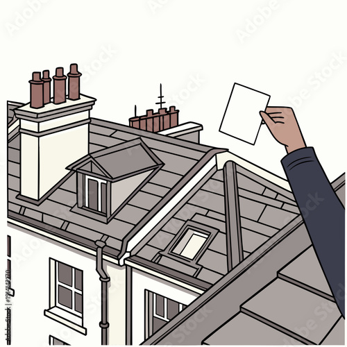 Hand holding paper near rooftops with chimneys buildings