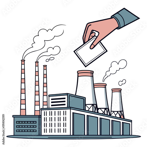 Hand putting card into factory with smokestacks industrial