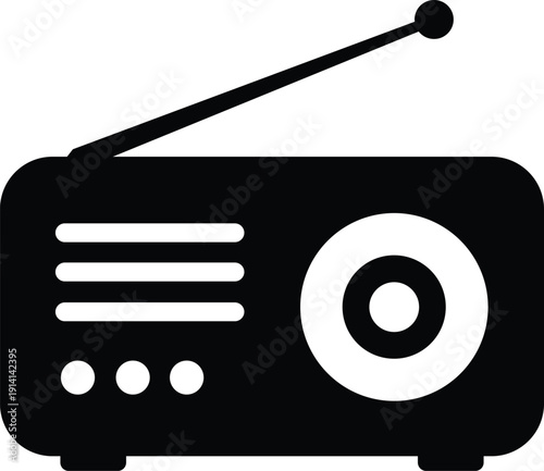 A black and white graphic illustration of a vintage portable radio with an antenna extended upwards and a speaker grill visible