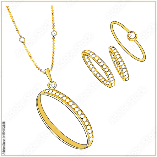 Gold jewelry set with circular pendant and bangles