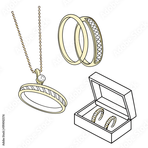 Gold jewelry set with pendant and rings in box necklace