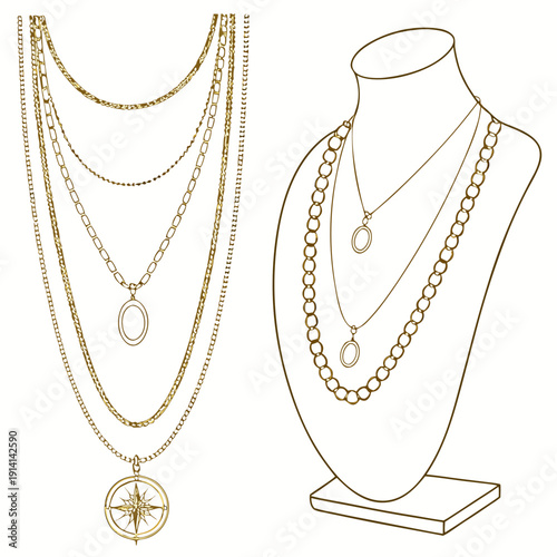 Gold necklaces on bust and hanging jewelry chains pendants