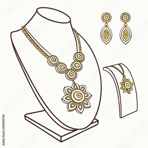 Gold jewelry set with flower pendant and earrings necklace