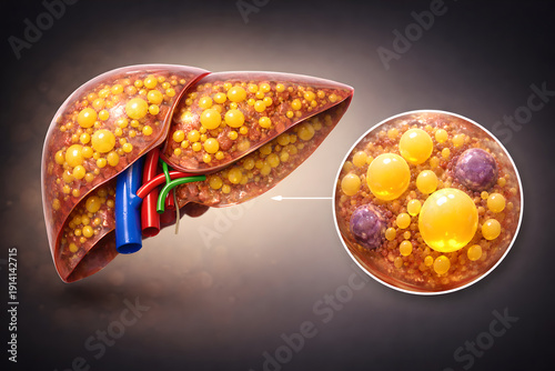 Photorealistic 3D medical cutaway of a steatotic liver: semi-translucent liver surface revealing clusters of yellow fat droplets within hepatocytes, subtle lobular texture, intact non-gory anatomy