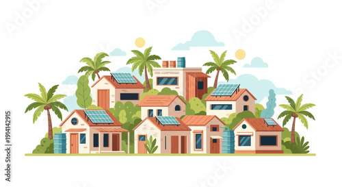 Eco-friendly village with solar panels on houses, palm trees, and sunny sky