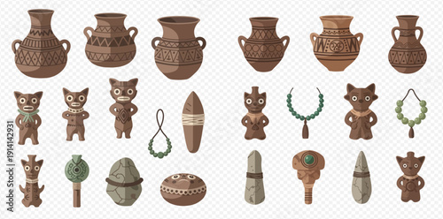 Ancient tribal pottery, artifacts, and jewelry collection, showcasing traditional decorative elements and cultural heritage.
