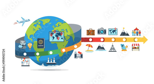 Infographic illustration of a globe with a colorful hybrid tourism resilience concept, featuring a world map, icons, and a team of people, symbolizing global tourism comeback and education.