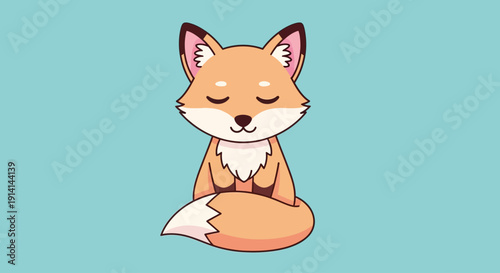 Cute cartoon fox sitting peacefully with eyes closed on blue background.