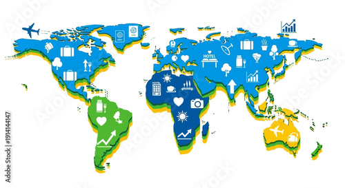 A colorful hybrid infographic illustration of a world map on Global Tourism Resilience Day, featuring tourism comeback vector icons and a design symbolizing education and teamwork.