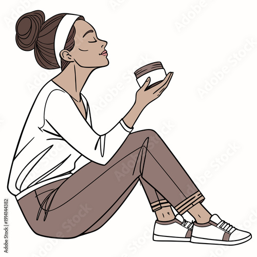 Woman sitting with eyes closed holding cream jar skincare