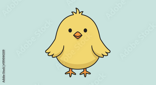 Cute yellow cartoon chick standing on light blue background.