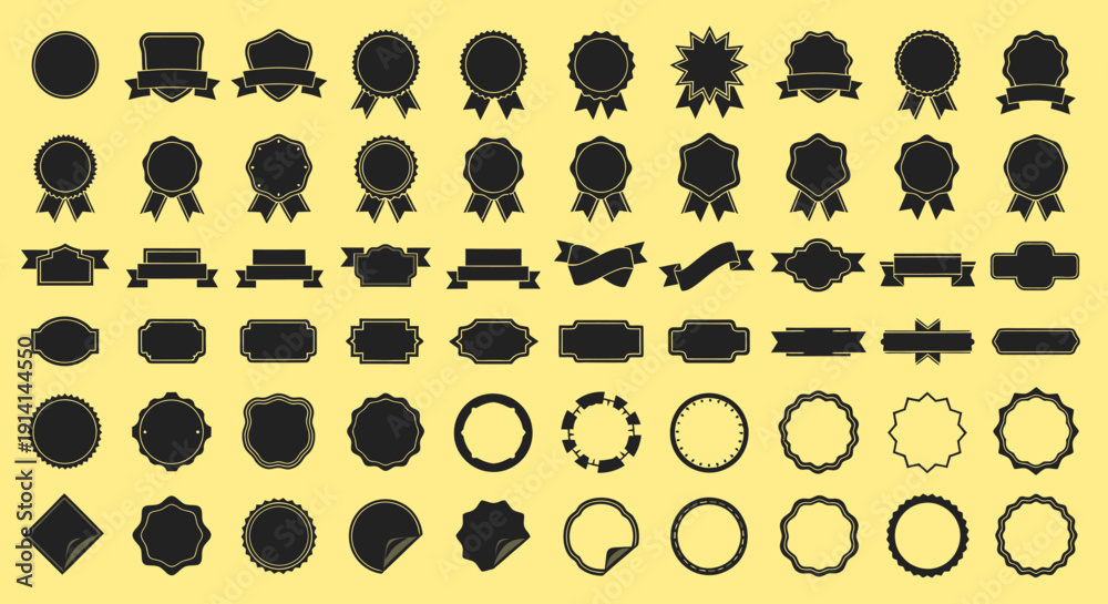 Fototapeta premium Collection of various vintage and decorative black badge and label designs on yellow background.