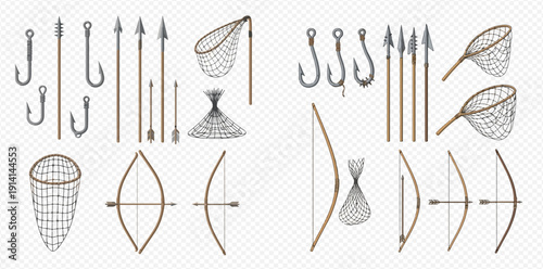 Set of hand-drawn hunting and fishing tools including hooks, spears, nets, and bows.