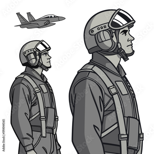 Military pilots in flight suits and helmets with fighter jet