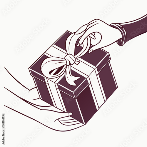 Hand holding gift box with ribbon hands giving
