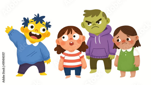 Children bullying and teasing another child, causing distress and sadness.