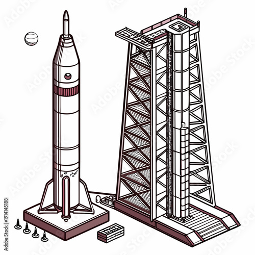 Of rocket on launchpad with tower space spacecraft
