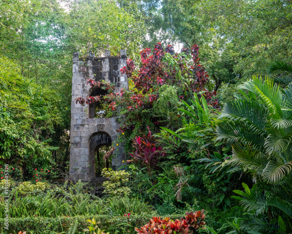 Fototapeta premium Ruins of a factory tower in one of the many sugar mill remains across the island of Saint Kitts, Saint Kitts and Nevis
