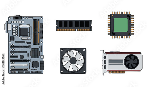 Computer hardware components arranged on a plain white surface