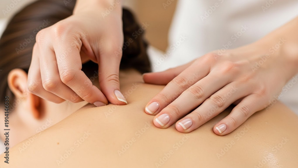 Naklejka premium Close-up of acupuncture treatment on a persons back, focusing on holistic health and wellness.