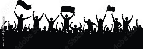 Silhouette of a cheering crowd with raised hands holding flags and banners celebration protest
