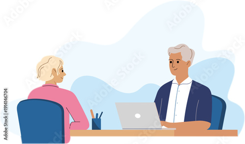 Business Meeting Consultation Between Senior Man and Woman Sitting at Desk with Laptop in Modern Office Flat Vector Illustration