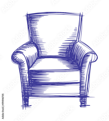 Hand drawn blue of a classic upholstered armchair front view handdrawn upholstery