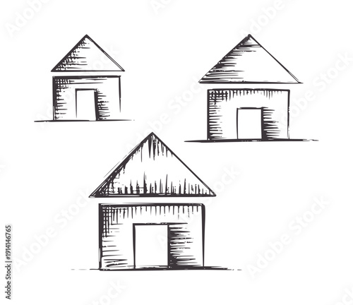 Hand drawn of three rustic wooden huts with triangular roofs