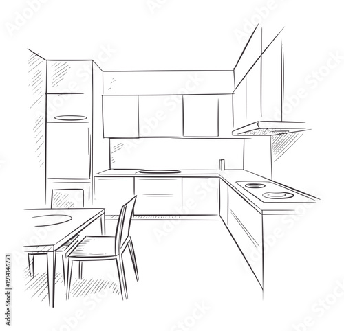 Line of a minimalist kitchen interior with counter table and chairs