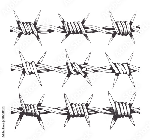 Pencil of intertwined barbed wire segments in monochrome